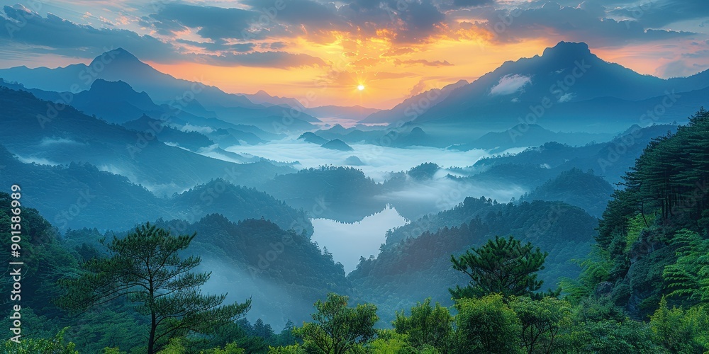 Obraz premium Sunrise Over Misty Mountains