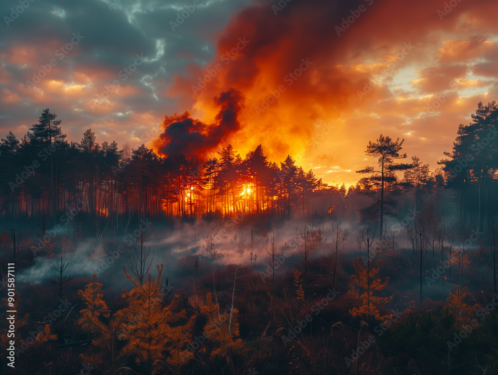 Countryside forest with cloudy sky covered by fire smoke during the evening Countryside forest with cloudy sky covered by fire smoke during the evening