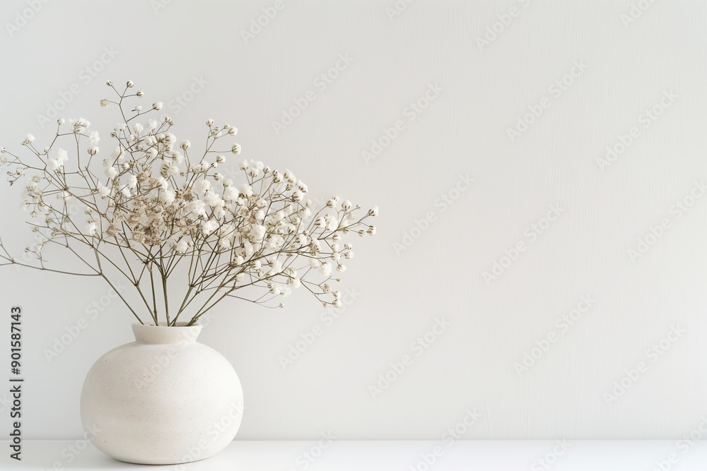 A white vase holding delicate baby's breath flowers sits on a white table, creating a minimalist and serene ambiance. A white vase holding delicate baby's breath flowers sits on a white table, creating a minimalist and serene ambiance.