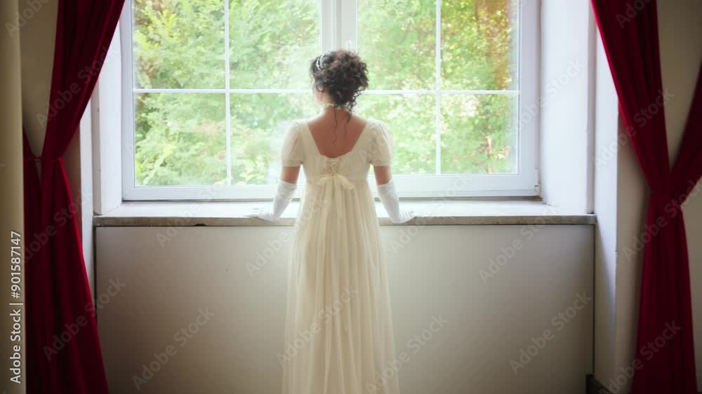 Happy woman looking out window, waiting for love. Fantasy fairy sexy lady Happy Princess girl, white silk vintage long dress old style ball gown, high bun black hair hairstyle back rear view. art 4k