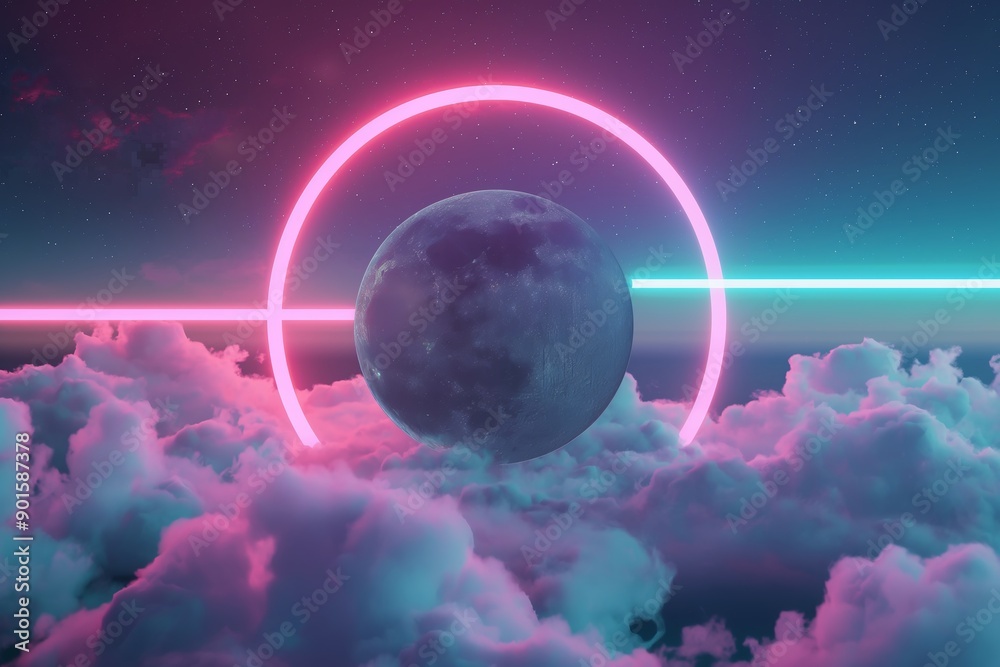Obraz premium An ethereal moon enveloped in a neon glow hovers above illuminated clouds in a surreal night sky setting.