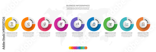 Modern 3D vector illustration. Circular infographic template with nine elements. Contains icons and text. Designed for business, presentations, web design, 9-step diagrams.