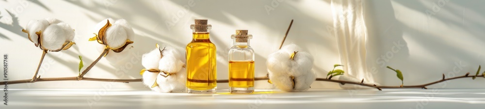 Bottles of Essential Oil and Cotton Flowers on Light Table Bottles of Essential Oil and Cotton Flowers on Light Table