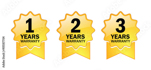 1, 2, 3, Years Warranty Label. Warranty badge. Gold warranty emblems. Vector illustration on white background.
