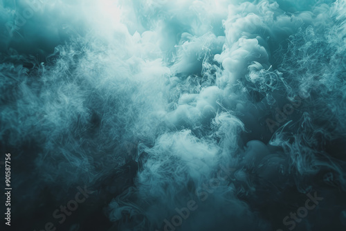 Dynamic smoke clouds are illuminated by a neon turquoise texture. like an underwater scene.