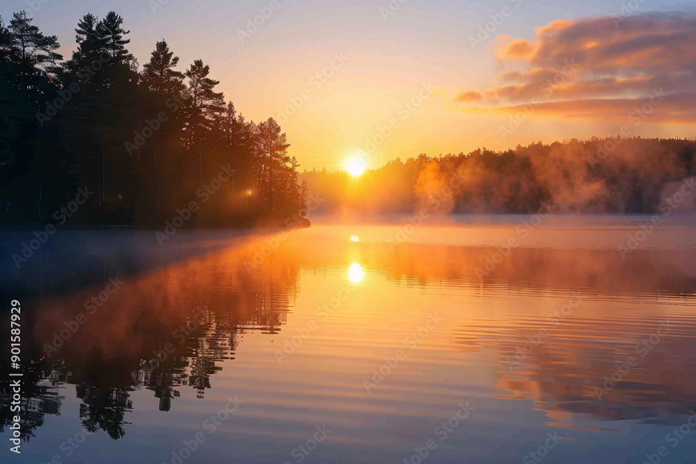 A breathtaking sunrise over a still lake with mist rising from the water, the sun casting a warm glow on the surrounding trees. A breathtaking sunrise over a still lake with mist rising from the water, the sun casting a warm glow on the surrounding trees.