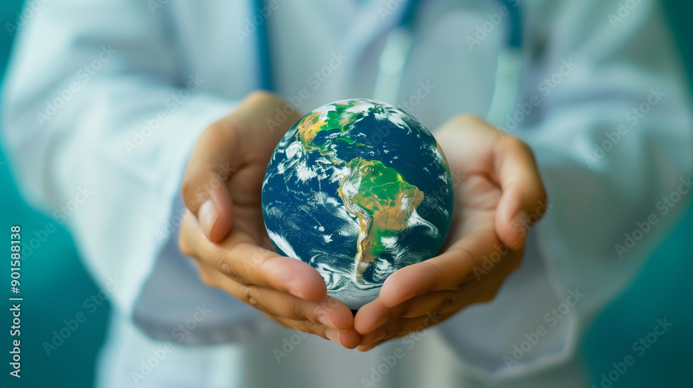 The doctor's hands hold the globe. The doctor's hands hold the globe.