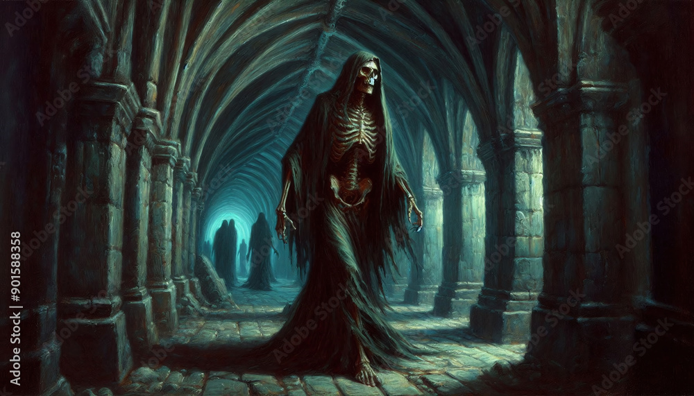 An undead walking in a crypt, oil painting An undead walking in a crypt, oil painting