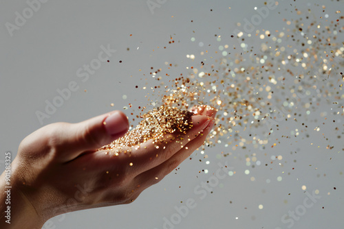 A hand sprinkles gold glitter against a gray backdrop, creating a magical and festive atmosphere.