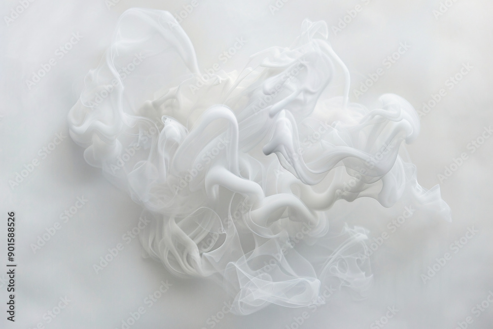 Abstract white swirls of smoke or ink create a flowing and ethereal pattern against a white background.