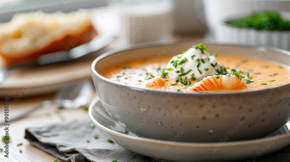 A steaming bowl of creamy crab bisque, garnished with crème fraîche and chives. A steaming bowl of creamy crab bisque, garnished with crème fraîche and chives.