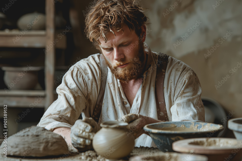 A handsome man sculpting clay with focus and skill against a neutral beige background. A handsome man sculpting clay with focus and skill against a neutral beige background.