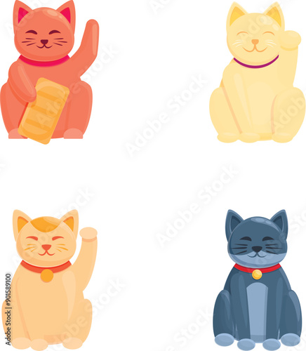 Fortune cat icons set cartoon vector. Japanese cat maneki neko with raised paw. Asian figurine for good luck