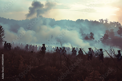 Silhouettes of soldiers in a hazy battlefield, smoke billowing in the air, creating a dramatic and historical scene.