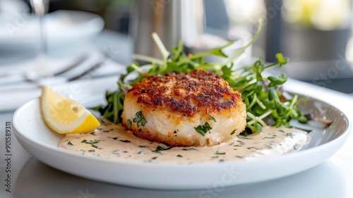 A crispy Alaskan crab cake with remoulade sauce and a lemon wedge. photo