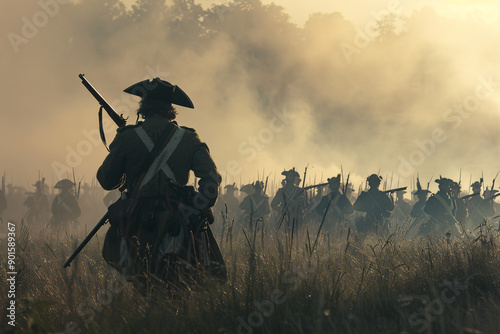 A soldier in a tricorne hat leads a line of soldiers through a field, silhouetted against the misty sky.
