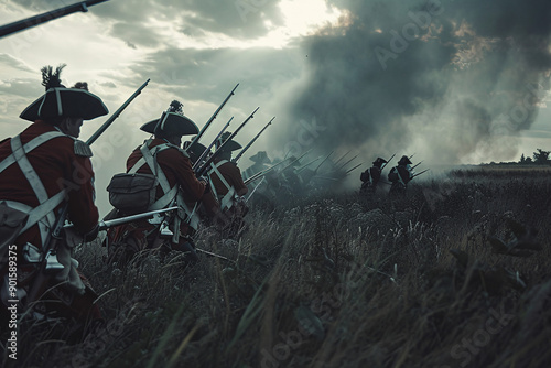 A line of soldiers in red coats and tricorn hats advance through a field, smoke billowing behind them.