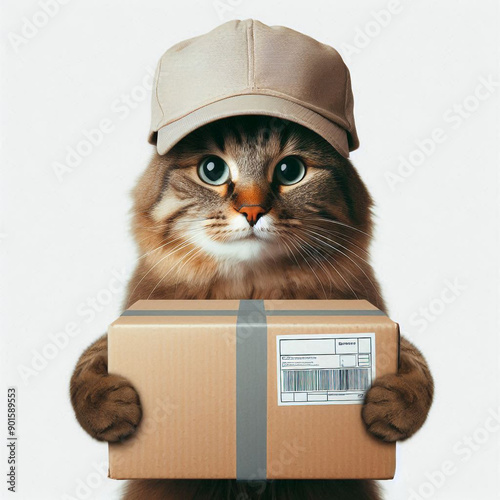 cat in a cap delivers a parcel hold a box on a white background, delivery concept Generated by AI