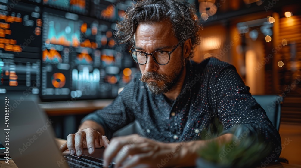 Focused Data Analyst Working Late at Night in a Tech Startup Office. Generative AI Focused Data Analyst Working Late at Night in a Tech Startup Office. Generative AI
