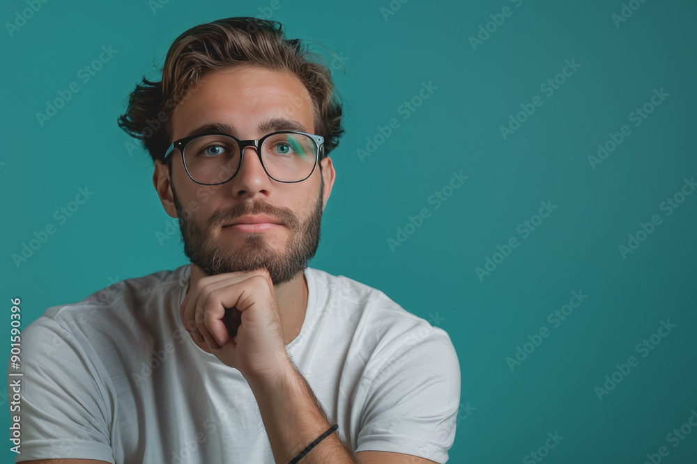 A professional man developing marketing campaigns with innovation against a solid teal background