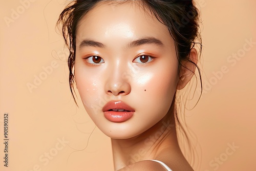 Portrait of a young woman with glowing skin and natural makeup on a peach background. Beauty and skincare concept.