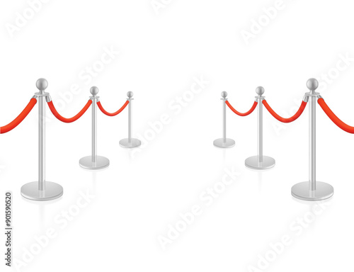 Control barrier posts with red rope Divider mockup. High realistic. Vector illustration isolated on white background. Ready for your design. EPS10.