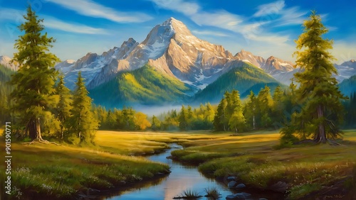 Landscape wallpaper design, oil painting, mountain and trees, mural art