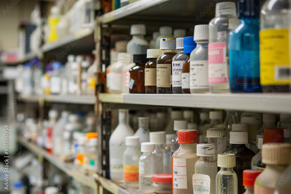 Close-up of a shelf filled with various bottles and jars in a laboratory setting. Close-up of a shelf filled with various bottles and jars in a laboratory setting.