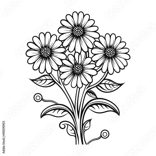 Detailed black and white floral illustration featuring a bouquet of flowers with intricate leaves and petals. Vector illustration.