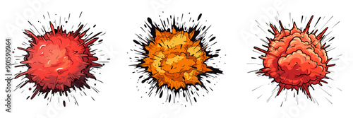 Set of dynamic explosion illustrations in comic style. Perfect for action, danger, and impact themes. Vector illustration.