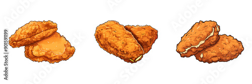 Vector illustration of various fried chicken sandwiches with crispy golden crusts.