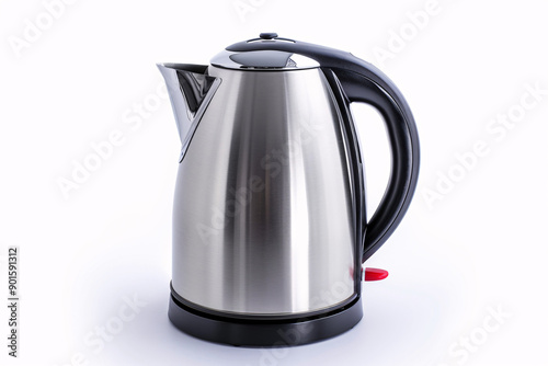 A stainless steel electric kettle with a black handle and red button.