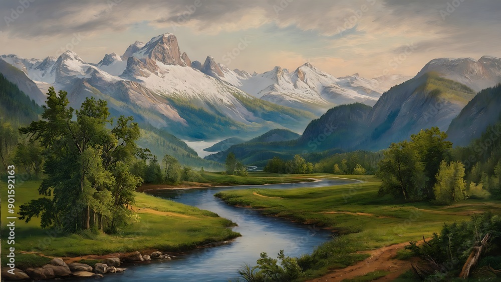Landscape wallpaper design, oil painting, mountain and trees, mural art Landscape wallpaper design, oil painting, mountain and trees, mural art