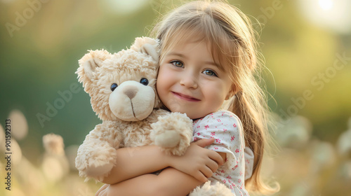 Happy girl hugging stuffed animal toy, portrait of a joyful female Caucasian kid, toddler with a satisfied smiling expression on her face embracing a teddy bear, playing outside, childhood and fun