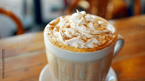 Delicious pumpkin spice latte topped with fluffy whipped cream in a stylish white cup.