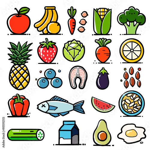 Hand-drawn Healthy Foods Icons on Transparent Background