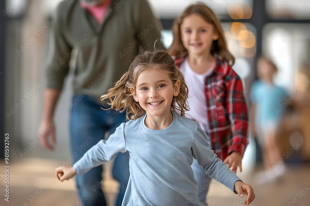 Obraz premium Two joyful girls run happily towards the camera, showcasing carefree childhood moments in a lively indoor setting.