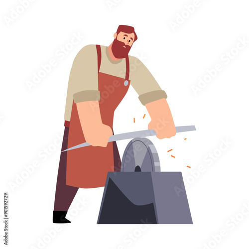 Blacksmith sharpens a shapeless piece of iron on a whetstone.