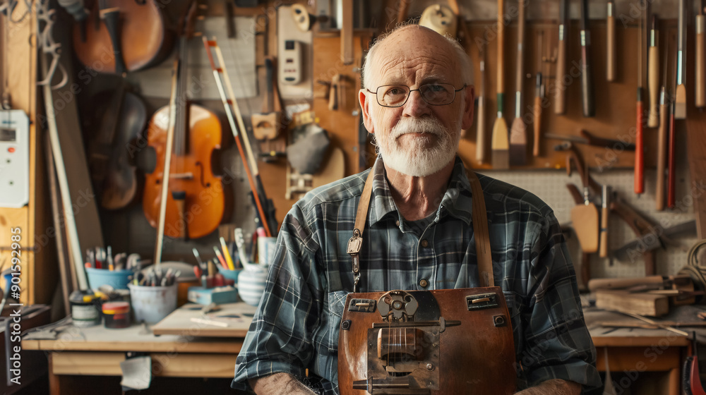 Instrument Maker in Workshop: Shows an instrument maker in his workshop, looking directly into the camera, highlighting craftsmanship and expertise. Instrument Maker in Workshop: Shows an instrument maker in his workshop, looking directly into the camera, highlighting craftsmanship and expertise.