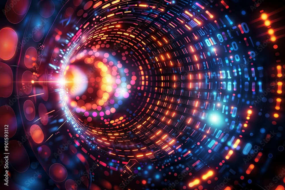 Digital virtual tunnel. Description: Abstract digital tunnel with vibrant lights and binary code, representing the complexity of modern technology. Digital virtual tunnel. Description: Abstract digital tunnel with vibrant lights and binary code, representing the complexity of modern technology.