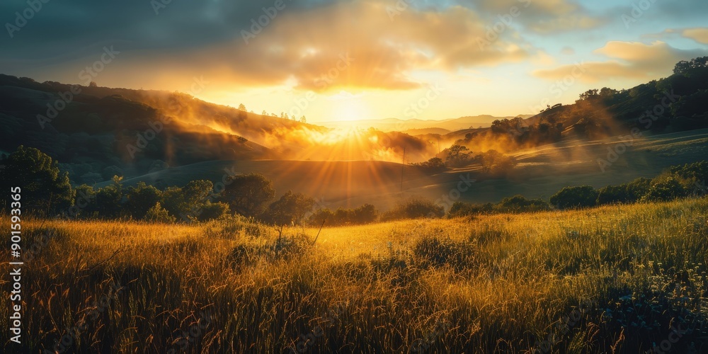 Obraz premium Golden Hour Sunrise Over Rolling Hills