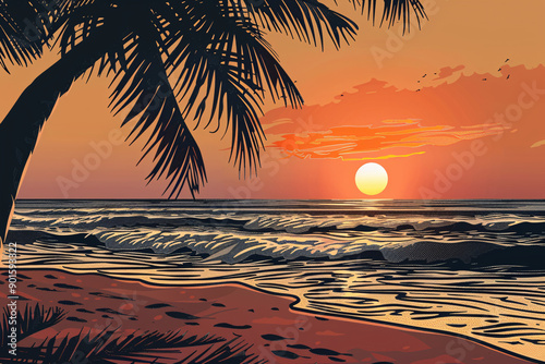 A silhouette of a palm tree frames a vibrant sunset over the ocean.