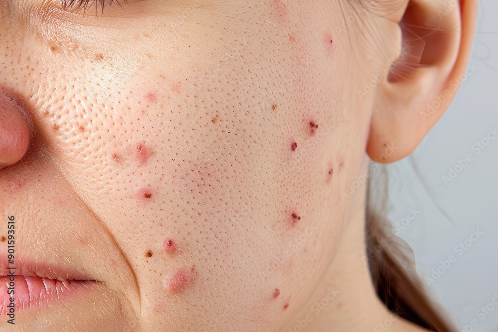 Close-up of an individual's face showing severe acne and blemishes, highlighting skin texture and condition in detail. Close-up of an individual's face showing severe acne and blemishes, highlighting skin texture and condition in detail.