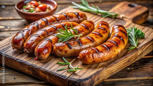 Savory grilled kielbasa sausage with prominent dark grill marks and caramelized edges, served on a rustic wooden cutting board, awaiting a summer barbecue. photo