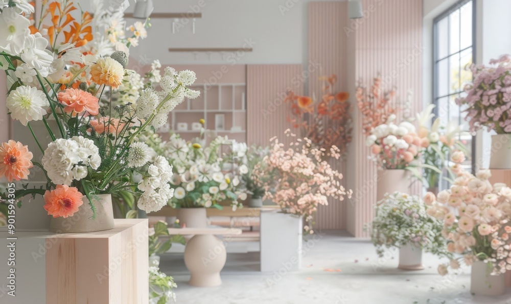 A modern florist shop presents a delicate arrangement of pastel flowers, creating a soft, inviting atmosphere with a touch of spring freshness A modern florist shop presents a delicate arrangement of pastel flowers, creating a soft, inviting atmosphere with a touch of spring freshness