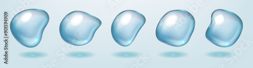 Water gel drops, realistic  collagen oil or essence,  model isolated on soft blue background. Vector  irregular shape water drop icon collection