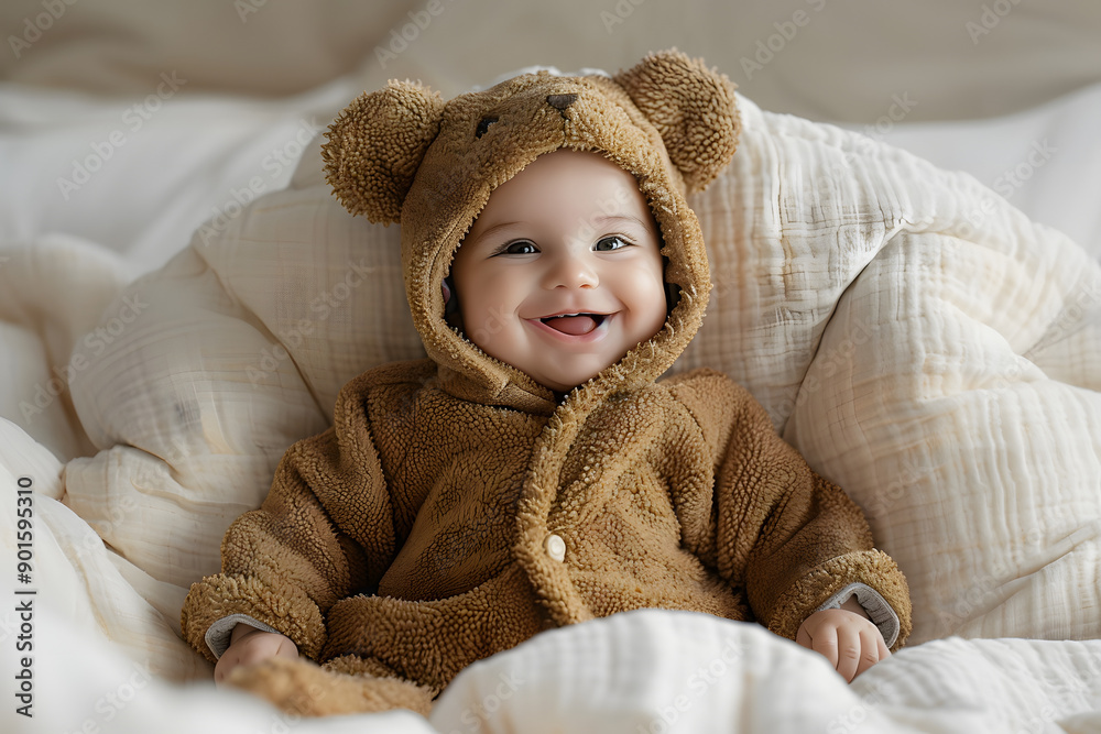 smiling baby wearing bear suit