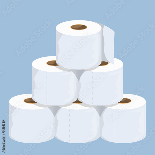 Pyramid made of toilet paper rolls. Vector illustration of tissue for personal hygiene. Soft white sheet of toilet paper. Sanitary equipment.