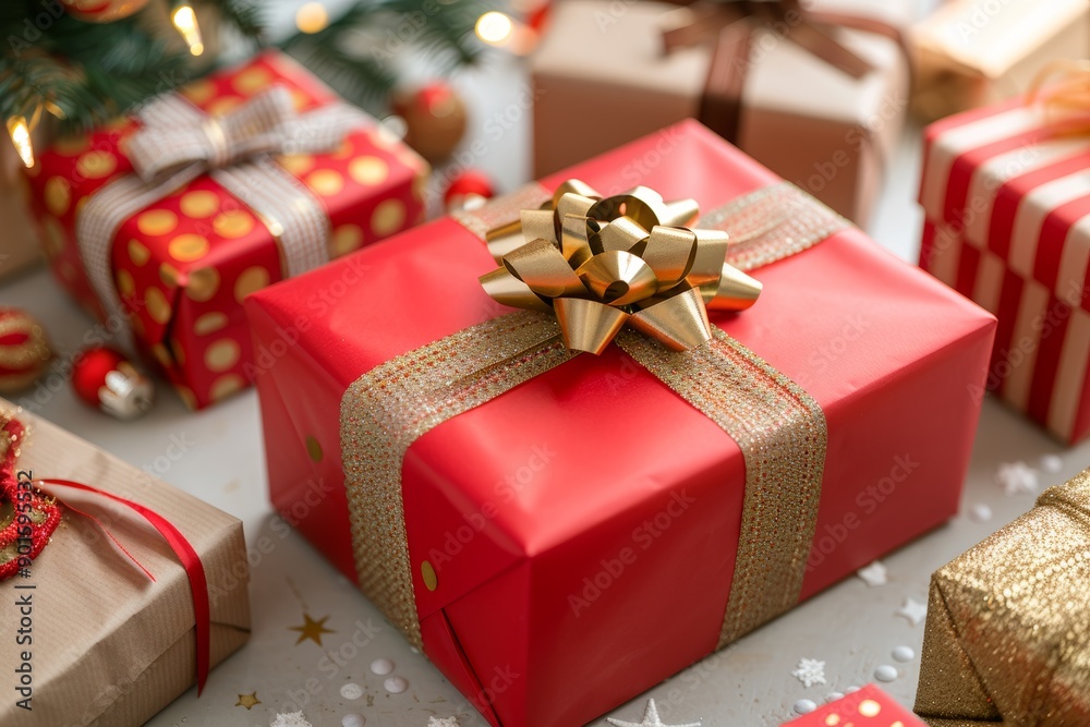 Festive Christmas Gifts Wrapped in Red and Gold with Sparkling Bokeh Lights and Ornaments. Festive Christmas Gifts Wrapped in Red and Gold with Sparkling Bokeh Lights and Ornaments.