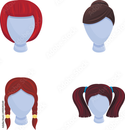 Various wig icons set cartoon vector. Various type of female hair style. Hair salon, beauty concept